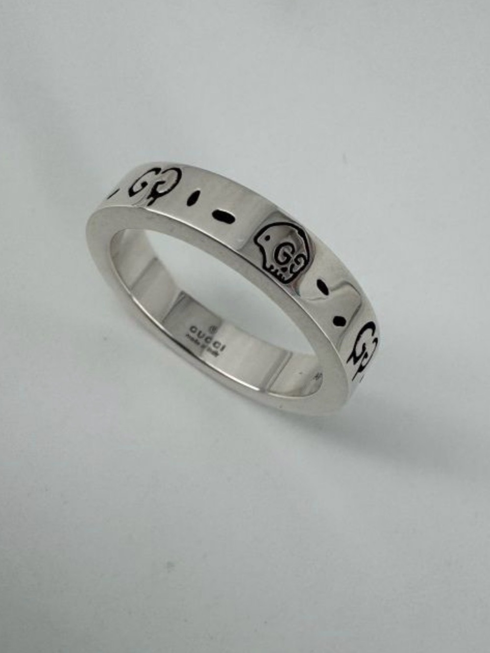 Gucci Silver Band Ring with Black Skull and GG Motifs